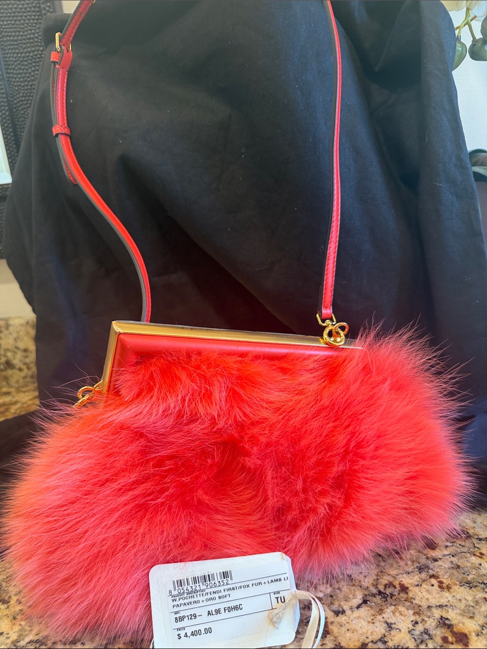 Fendi Red Fur Mini Bag with Gold-Tone Frame